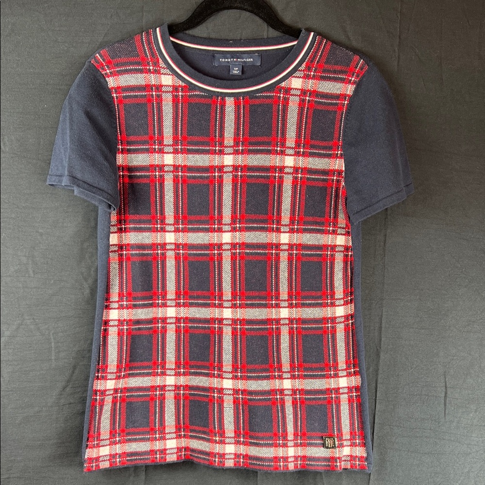 Tommy Hilfiger Navy and Red Plaid Woven Tee | Size Small - Picture 1 of 4